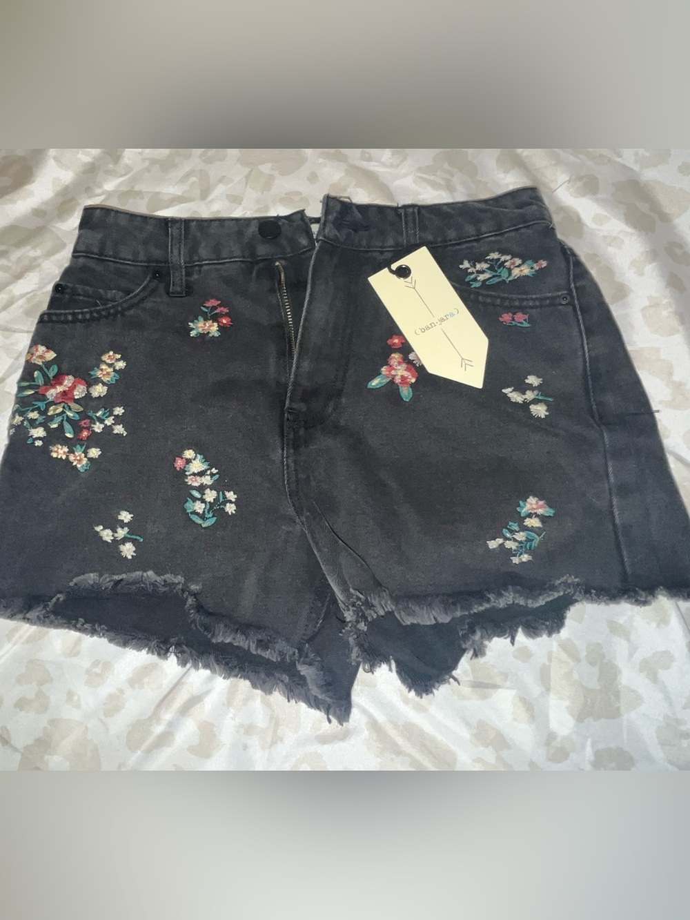 Black Floral Embroidered Frayed Hem Women's Shorts